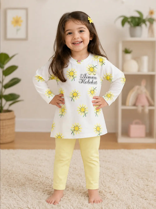 2 Pcs Girl's Printed Shirt And Trouser Set Summer Collection