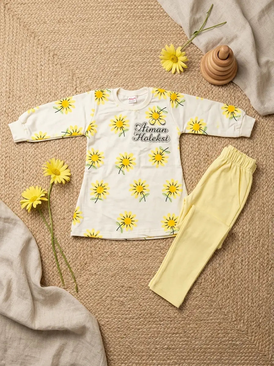 2 Pcs Girl's Printed Shirt And Trouser Set Summer Collection